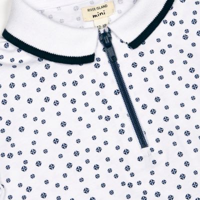 Mini boys white print zip-up polo shirt